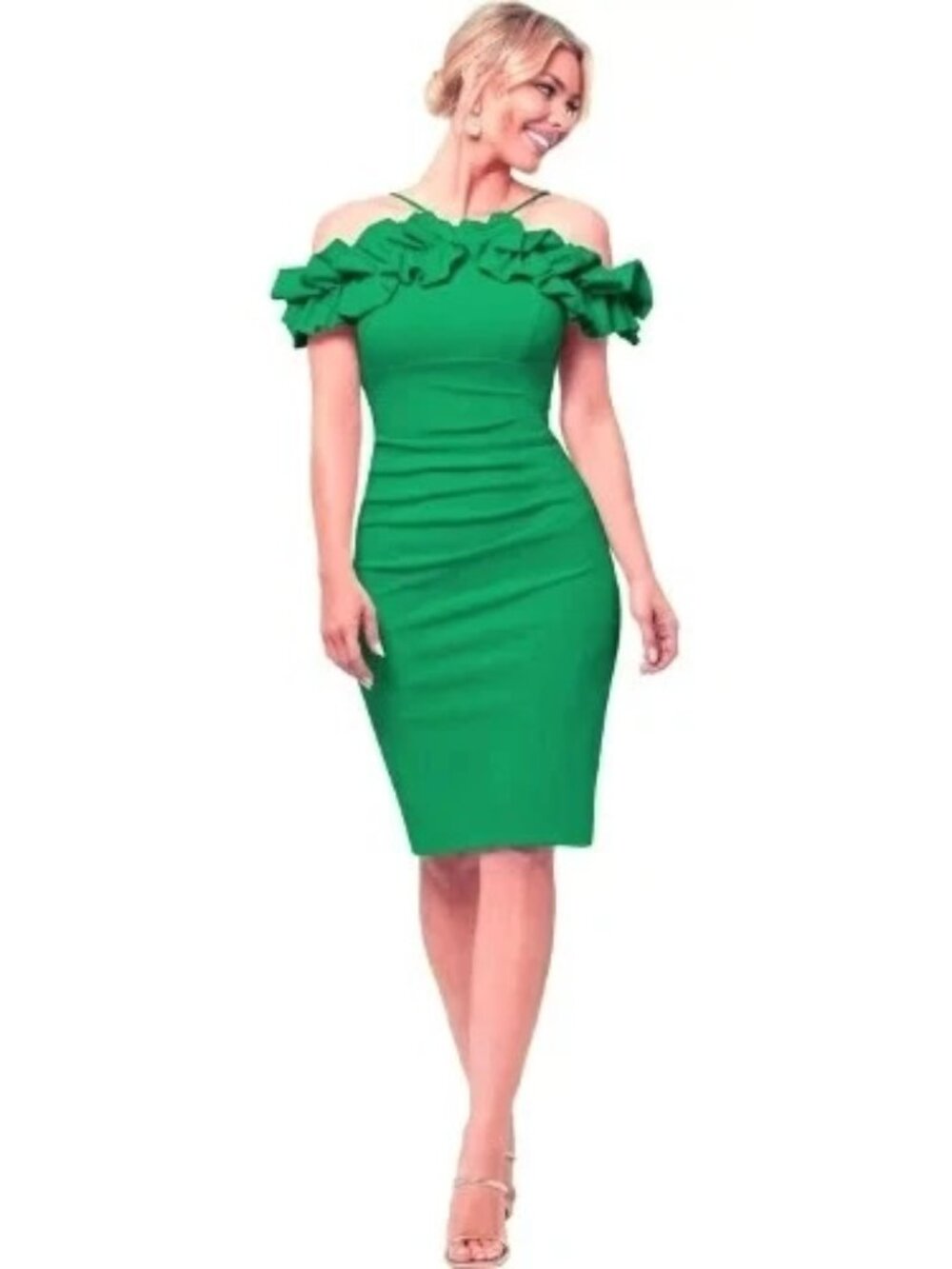 Xscape Green Ruffle Off the Shoulder Crepe Cocktail Dress